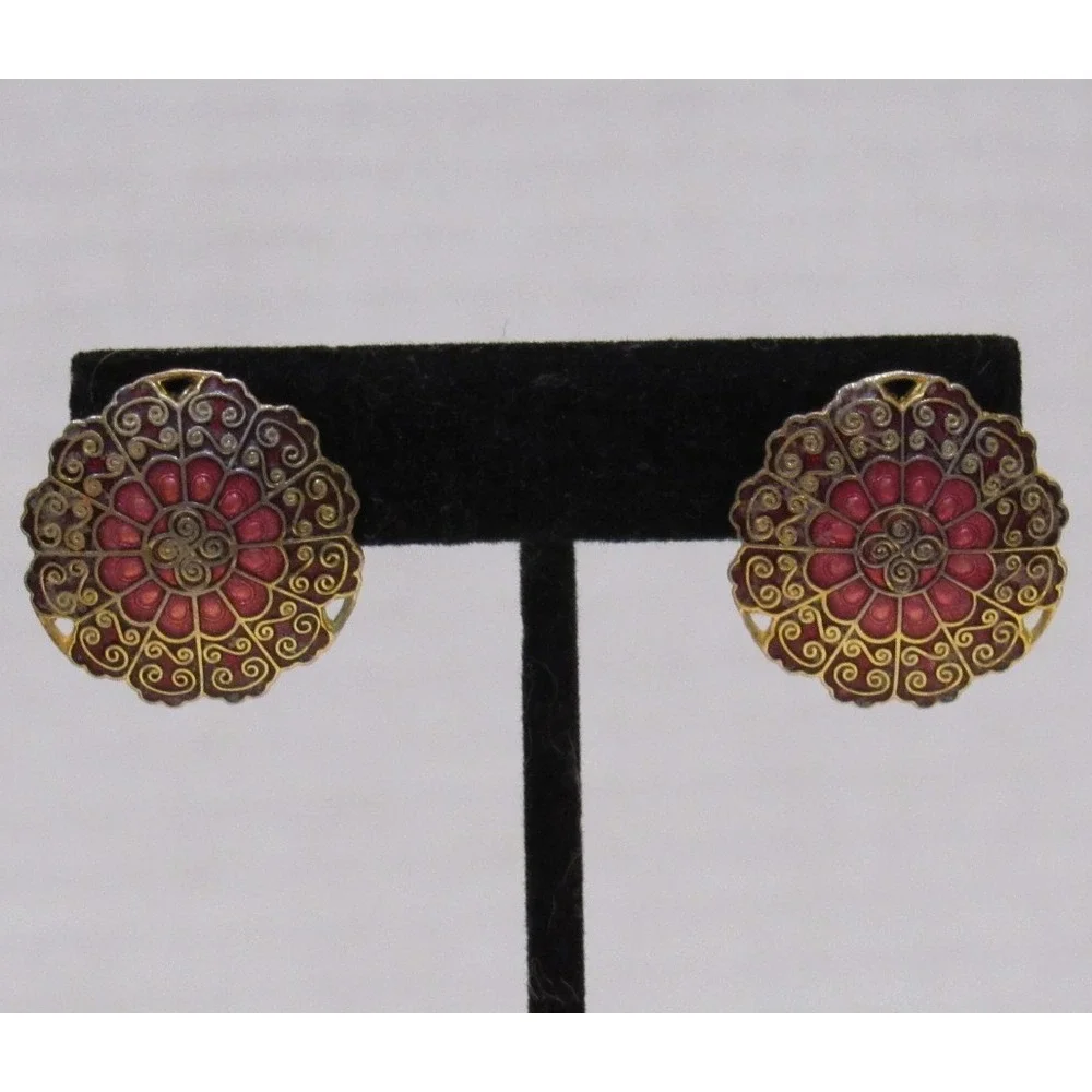 Vintage Red Gold Cloisonne Enamel Clip On Earrings Round Mandala Floral 1 Inch‎
